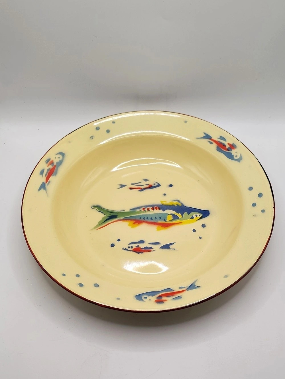 VTG April Cornell Enamelware Fish Bowl Rimmed Soup Pasta Plate Yellow Trout